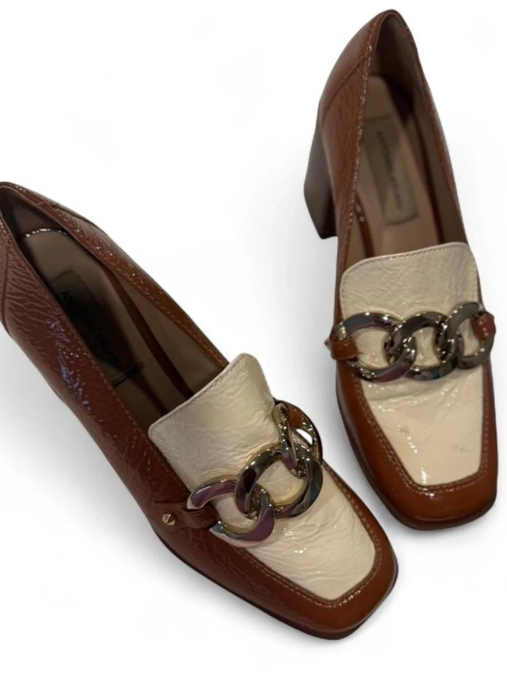ANTONIO MELANI Brown and Cream Patent Loafers with Chain Detail